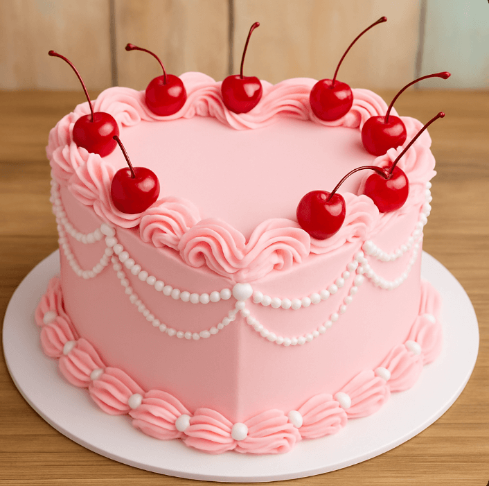 Classic heart-shaped cake with pink and red buttercream frosting on a white plate