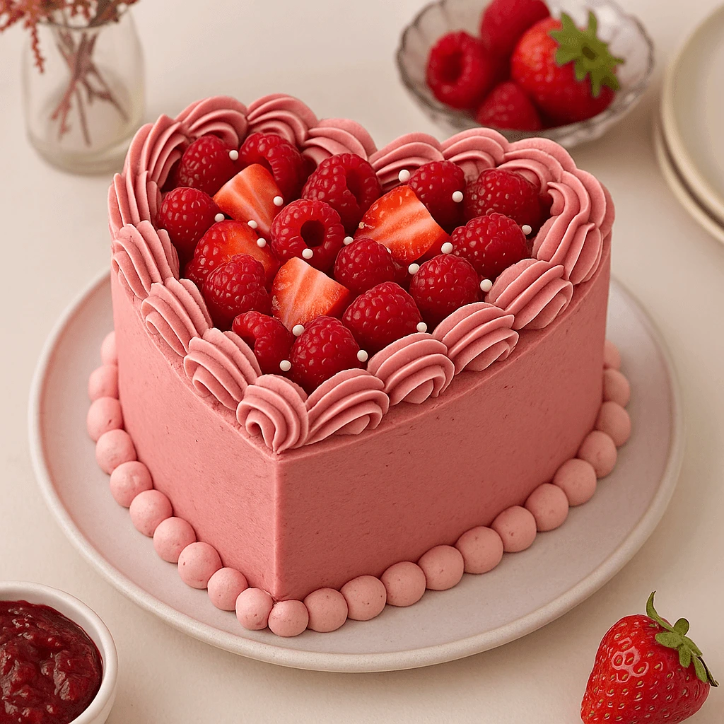 Heart-shaped red velvet cake with cream cheese frosting and fresh berries
