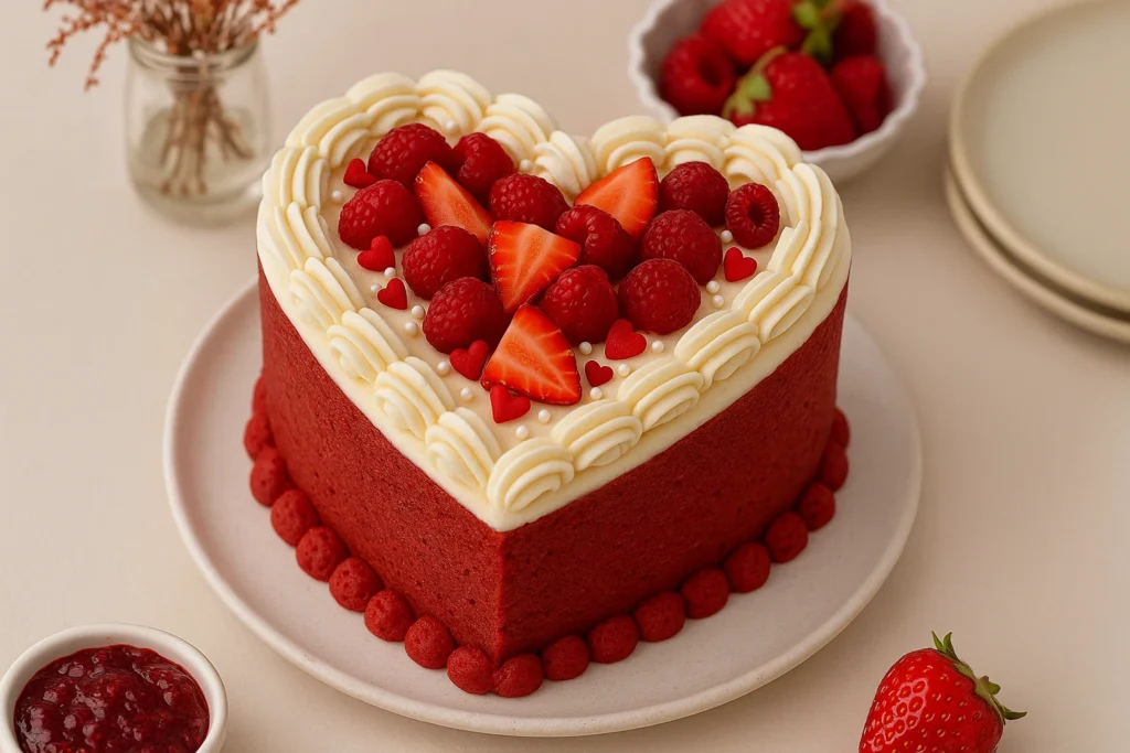 Classic red velvet heart cake with cream cheese layers and red crumb coating on a white plate.